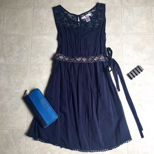 Navy Blue Sleeveless Dress with Patterned Belt